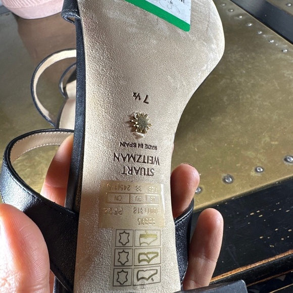 Stuart Weitzman Block Heel Sandal 7.5 Aleena Slide Two Strap Leather Chic Black - Picture 8 of 9